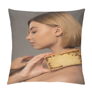 Personality  Side View Of Blonde Woman Holding Honeycomb In Wooden Frame Isolated On Grey  Pillow Covers