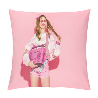 Personality  Happy Stylish Girl In Sunglasses Holding Boombox And Touching Hair On Pink Pillow Covers