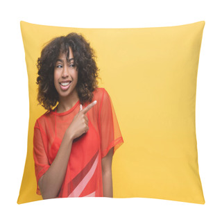 Personality Happy African American Woman In Red Top Looking Away And Pointing With Finger Isolated On Yellow Pillow Covers