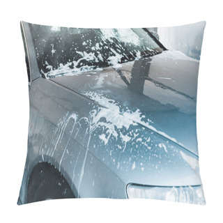 Personality  Selective Focus Of Grey Auto With White Foam In Car Wash  Pillow Covers