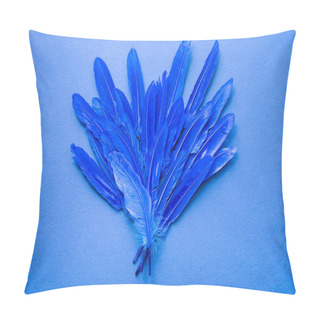 Personality  Blue Neon Bird Feathers On Blue Background. Abstract Trendy Texture Background. Copy Space Horizontal Frame. Pillow Covers