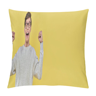 Personality  Cheerful Young Man  In White Sweatshirt And Glasses Raising Fists Up And Closing Eyes, Banner Pillow Covers