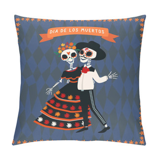 Personality  Mexican Skeleton Couple In Traditional Costumes. Vector Flat Cartoon Design. Dia De Los Muertos Illustration. Pillow Covers