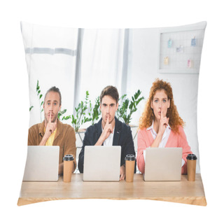 Personality  Three Friends Sitting At Table And Showing Shh Gestures In Office  Pillow Covers