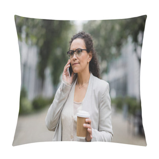 Personality  Nervous African American Businesswoman With Takeaway Drink Calling On Mobile Phone On City Street Pillow Covers