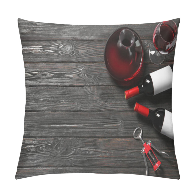 Personality  Glassware with red wine on wooden background, top view pillow covers