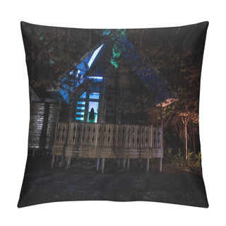 Personality  Old House With A Ghost In The Forest At Night Or Abandoned Haunted Horror House In Fog. Old Mystic Building In Dead Tree Forest. Trees At Night With Moon. Surreal Lights. Horror Halloween Concept Pillow Covers