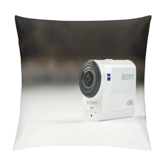 Personality  Russia. Khabarovsk. April 2018: Sony Fdrx 3000 Action Camera On White Background Pillow Covers