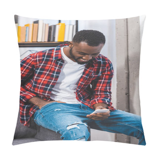 Personality  Smiling Young African American Man Using Smartphone At Home Pillow Covers