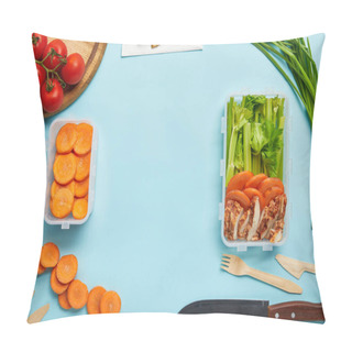 Personality  Flat Lay With Cutlery And Healthy Food Composition Isolated On Blue Pillow Covers