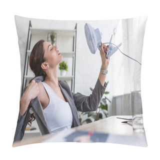 Personality  Selective Focus Of Beautiful Businesswoman Suffering From Heat And Holding Electric Fan Pillow Covers