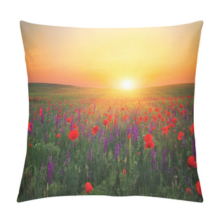 Personality  Beautiful Landscape With Nice Sunset Over Poppy Field. Pillow Covers