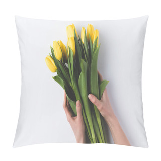 Personality  Beautiful Yellow Tulips In Human Hands Isolated On Grey Pillow Covers
