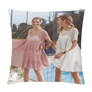 Personality Happy Smiling Girlfriends Walking Together Outside Near The Blue Cool Pool. Having Fun And Laughing. Light Pink And White Summer Dresses, Accessories. Hot Weather, Palm Trees. Stylish Hair, Makeup  Pillow Covers