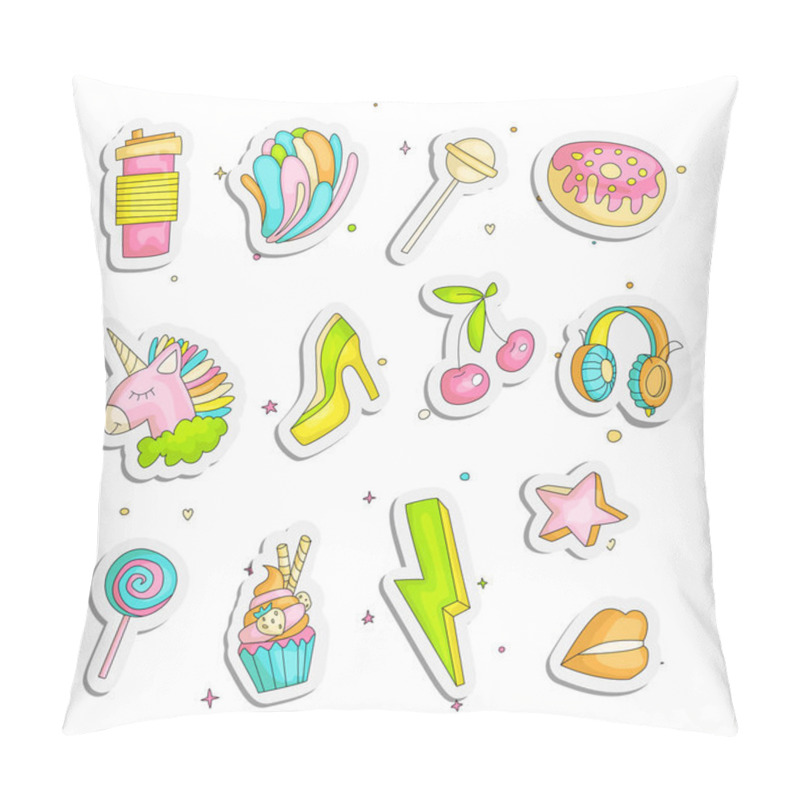 Personality  Cute funny Girl teenager colored stickers set, fashion cute teen and princess icons. Magic fun cute girls objects - donut, cupcake, high heel shoe, cherry, star and other draw icon patch collection. pillow covers