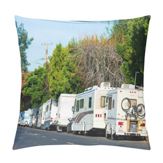 Personality  RV, Campers And Vans Long Term Parked In Row On Public Street In Silicon Valley. Symbol Of The Economic Inequality And Housing Crisis Existing United States Pillow Covers