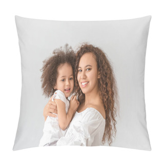 Personality  Little African-American Girl With Her Mother On Light Background Pillow Covers