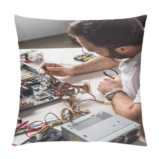 Personality  Man With Magnifier In Hand Fixing Broken Pc Pillow Covers