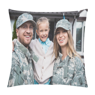 Personality  Happy Father And Mother In Military Uniforms Lifting Daughter And Looking At Camera On Blurred Background Pillow Covers