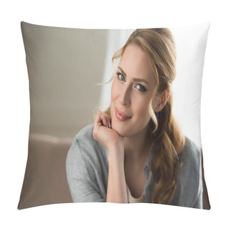 Personality  Portrait Of Beautiful Young Woman Sitting With Hand On Chin And Smiling At Camera Pillow Covers