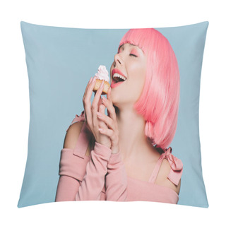 Personality  Excited Girl In Pink Wig Holding Sweet Cupcake Isolated On Blue Pillow Covers