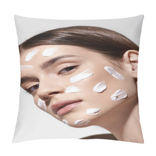 Personality  A Woman With A Lot Of White Cream On Her Face, Undergoing A Skin Treatment Or Makeup Application, Looking Serene. Pillow Covers