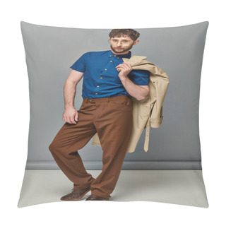 Personality  Smart Casual, Bearded Man In Glasses Holding Trench Coat, Grey Backdrop, Fashionable Male Model Pillow Covers