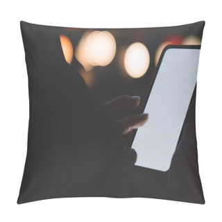 Personality  Cropped View Of Woman's Hands Holding Modern Smartphone Device With Copy Space Area For Your Internet Advertisement Or Website.Digital Telephone With Mock Up Area On Bokeh Background Pillow Covers