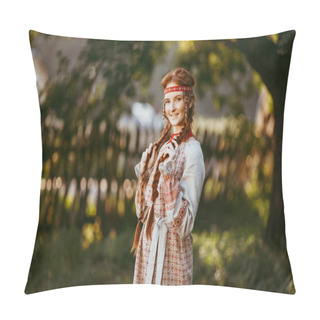 Personality  A Beautiful Slavic Girl With Long Blonde Hair And Brown Eyes In A White And Red Embroidered Suit Stands By A Wooden Fence.Traditional Clothing Of The Ukrainian Region.summer Day Pillow Covers