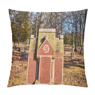 Personality  Gothic Tombstone Cloaked In Moss At Lindenwood Cemetery, Fort Wayne, Indiana, Signaling Historys Passage Amid A Tranquil Autumn Scenery. Pillow Covers