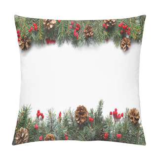 Personality  Christmas Fir Branches And Pine Cones On White Background Pillow Covers