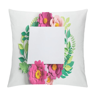 Personality  Top View Of White Blank Card Near Paper Flowers With Green Leaves On Grey Background Pillow Covers