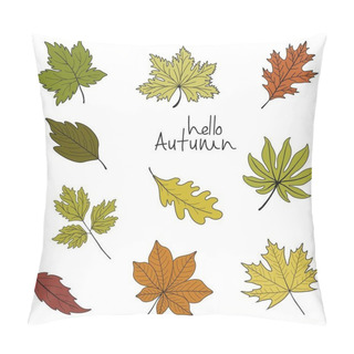 Personality  Hello Autumn Phrase On White Background With Colorful Leaves Pillow Covers