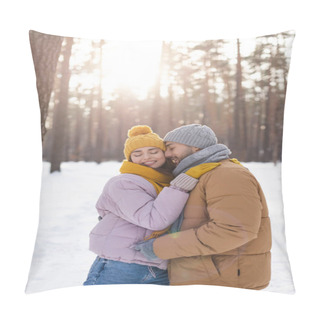 Personality  Smiling Man With Closed Eyes Standing Near Girlfriend In Winter Park  Pillow Covers