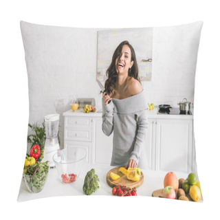Personality  Happy Woman Holding Knife Near Yellow Paprika  Pillow Covers