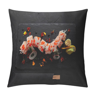 Personality  Top View Of Yummy Roll In Mamenori With Shrimp, Salmon And Avocado On Slate Board And Chopsticks  Pillow Covers