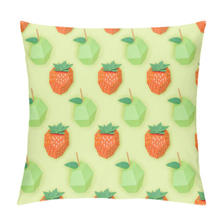 Personality  Top View Of Textured Pattern With Handmade Paper Strawberries And Apples Isolated On Green Pillow Covers