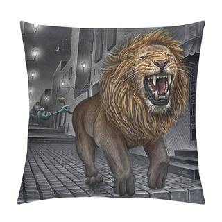 Personality  Drawing Of Roaring Lion Running In Empty Street Pillow Covers