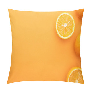 Personality  Top View Of Juicy Whole Oranges And Slices On Colorful Background Pillow Covers