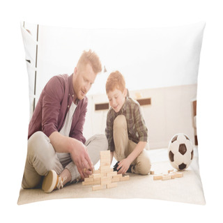 Personality  Smiling Father And Son Playing With Wooden Blocks At Home Pillow Covers