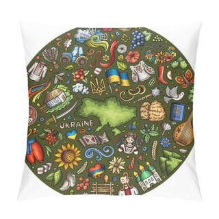Personality  Colorful Raster Set Of Ukraine Cartoon Doodle Objects, Symbols And Items. Round Composition Pillow Covers