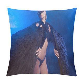Personality  Beautiful Sexy Woman In Lace Mask Holding Black Angel Wings And Posing On Dark Blue Background Pillow Covers