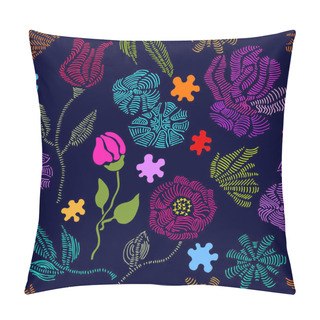 Personality  Spring Colors. Floral Seamless Vector Pattern With Embroidery Wildflowers. Pillow Covers
