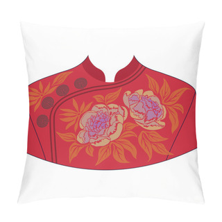Personality  Neckline Asian Design. Traditional Chinese Dress Womens - Qipao With Peonies. Vector Clipart. Pillow Covers