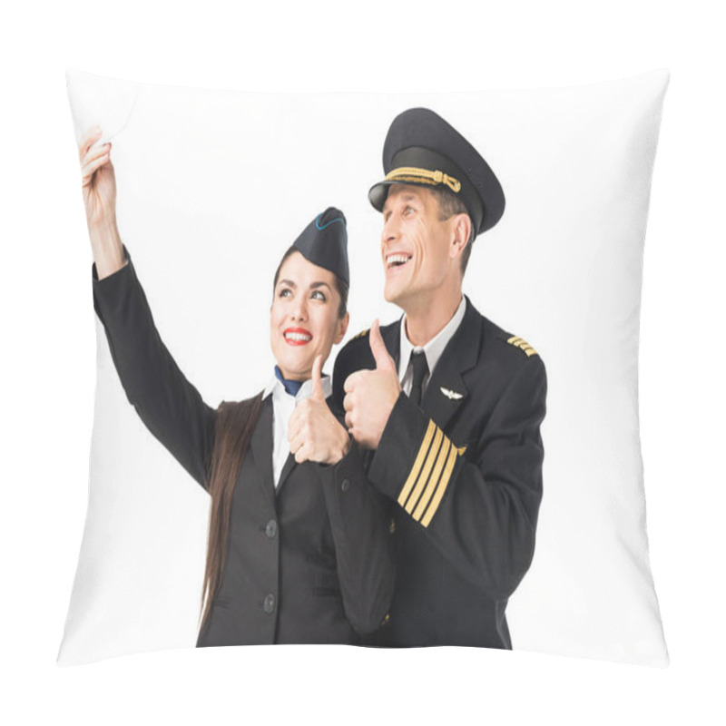 Personality  Smiling stewardess and pilot taking selfie isolated on white pillow covers