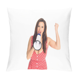 Personality  Angry Plus Size Woman Shouting At Loudspeaker And Looking At Camera Isolated On White Pillow Covers