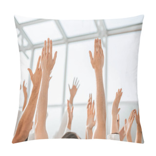 Personality  Close Up. Happy Team Of Medical Professionals With Hands Up Pillow Covers