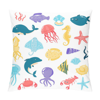 Personality  Set Of Different Sea Animals In Cute Cartoon Style Pillow Covers