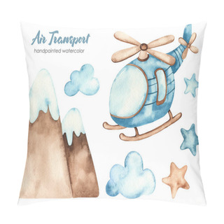 Personality  Helicopter, Mountains, Clouds And Stars. Watercolor Clipartof Air Transport Pillow Covers