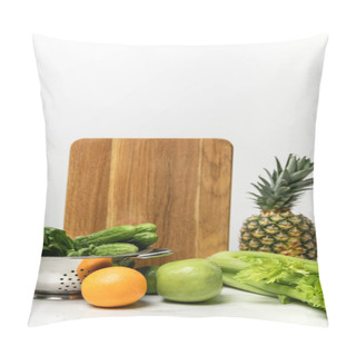 Personality  Ripe Fruits Near Fresh Vegetables And Wooden Cutting Board On White  Pillow Covers